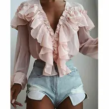 Женская шифоновая блуза с рюшами, милая шифоновая блузка с оборками, v-образный вырез, длинный рукав, Милая женская модная повседневная розовая рубашка, стильные блузки