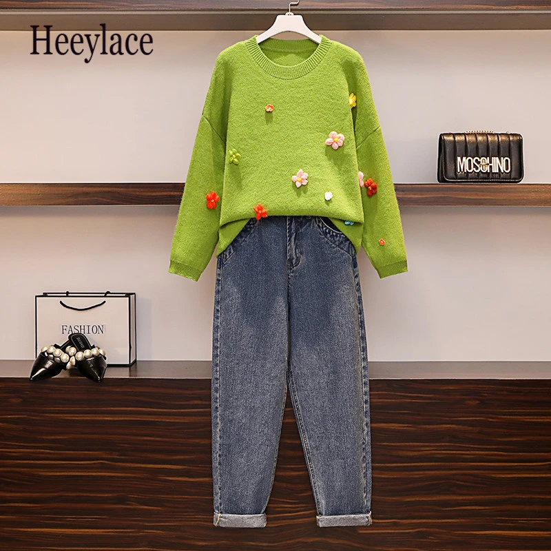Осенний повседневный комплект из двух предметов, женский свободный пуловер с рисунком подсолнуха, свитер+ джинсы длиной до щиколотки, комплект со штанами размера плюс