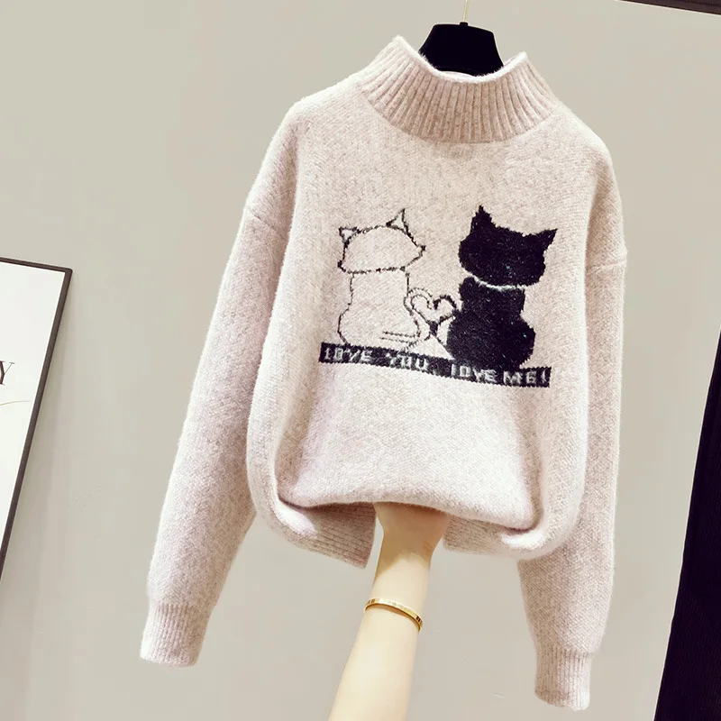 

Knitted Sweater For Women Pullover Turtleneck Loose Long Sleeve Solid Color Cartoon Autumn Winter Warm Sweater Jumper