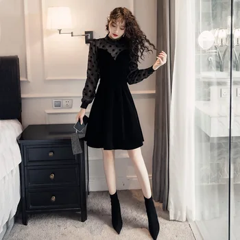 

Manufacturers Direct Selling 2020 Autumn Clothing Elegant Debutante Dotted zhi rong sha Spell Velvet Black Dress Dress Women Who