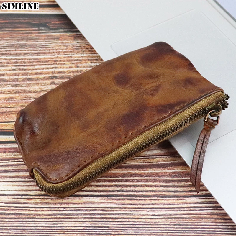 Monedero de cuero genuino para mujer y hombre, Mini billetera Vintage hecha a mano, funda con cremallera para cambio|Monederos| - AliExpress
