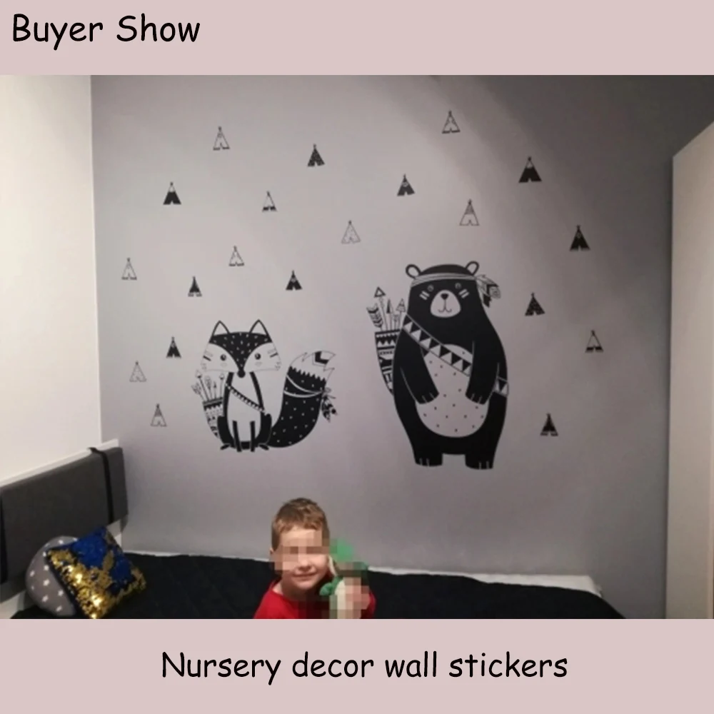Cartoon Tribal Animals Vinyl Wall Sticker For Kids Room Decoration Babys Decals Stickers Bear Fox Wall Bedroom Accessories Decor