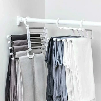 

5 Row Portable Multi-function Stainless Steel Pants Rack Clothes Hanger Storage Storage Organization Clothes Drying Hook