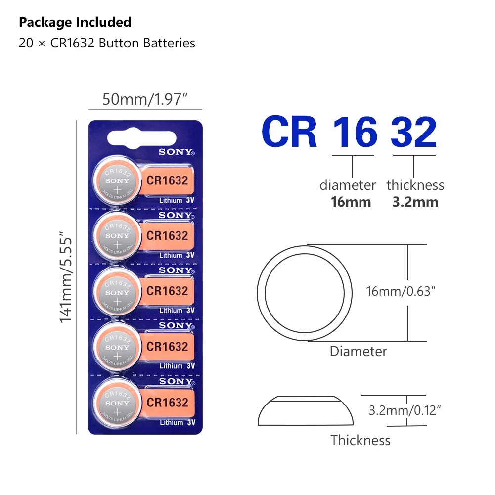 20 шт. для SONY CR1632 кнопочные батареи LM1632 BR1632 ECR1632 литиевая батарея 3 в CR 1632 для дистанционного управления электрической сигнализацией