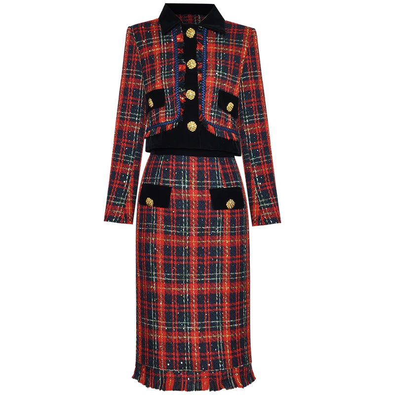 

High Quality Designer Autumn Fashion New Tweed Button Long Sleeve Jacket Tassel Pencil Skirt Elegant Party Vintage Women's Sets