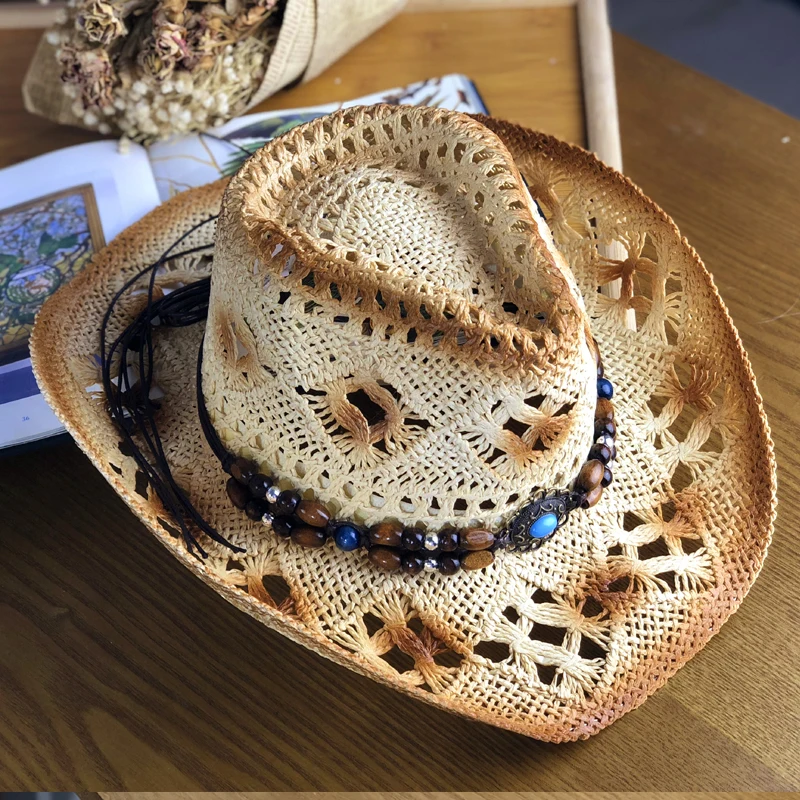 Natural Straw Cowboy Hat Women Men Handmade Weave Cowboy Hats Beach Hat Women Sun Hat for Lady Tassel Summer Western Sombrero Hombre Lifeguard Hats