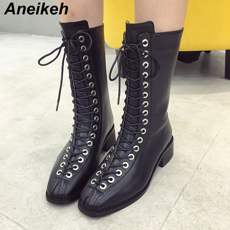 

Aneikeh Winter 2019 PU Mid-Calf Boots Boots Women Square Toe Booties Lace-Up Shoes Female Fashion Ladies High Heels Shoes