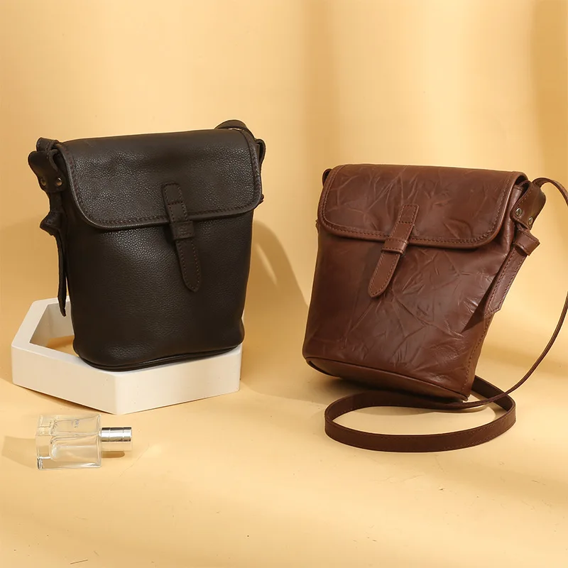 

Genuine Leather Bucket Bag Women's 2019 New Style Europe And America Retro Women's Oblique First Layer WOMEN'S Cow Leather Bag