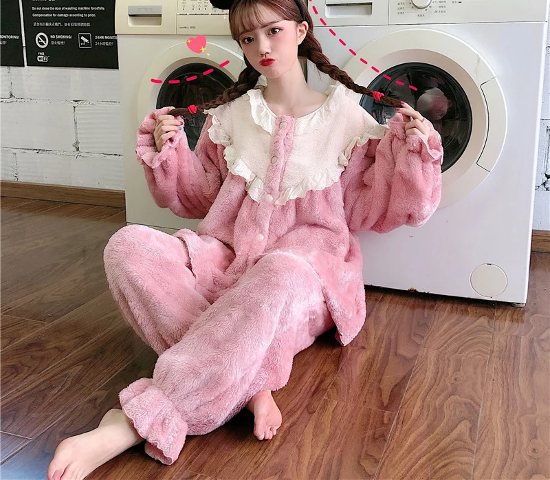 Зимние коралловые флисовые теплые пижамные комплекты из 2 предметов, женские милые топы с круглым вырезом и длинными рукавами, длинные штаны, ночная рубашка, толстая домашняя одежда