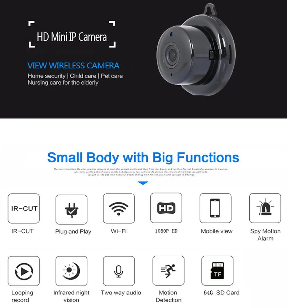Домашняя мини-камера видеонаблюдения wifi 1080P ip-камера Беспроводная маленькая CCTV инфракрасная камера ночного видения Обнаружение движения Слот для sd-карты аудио приложение
