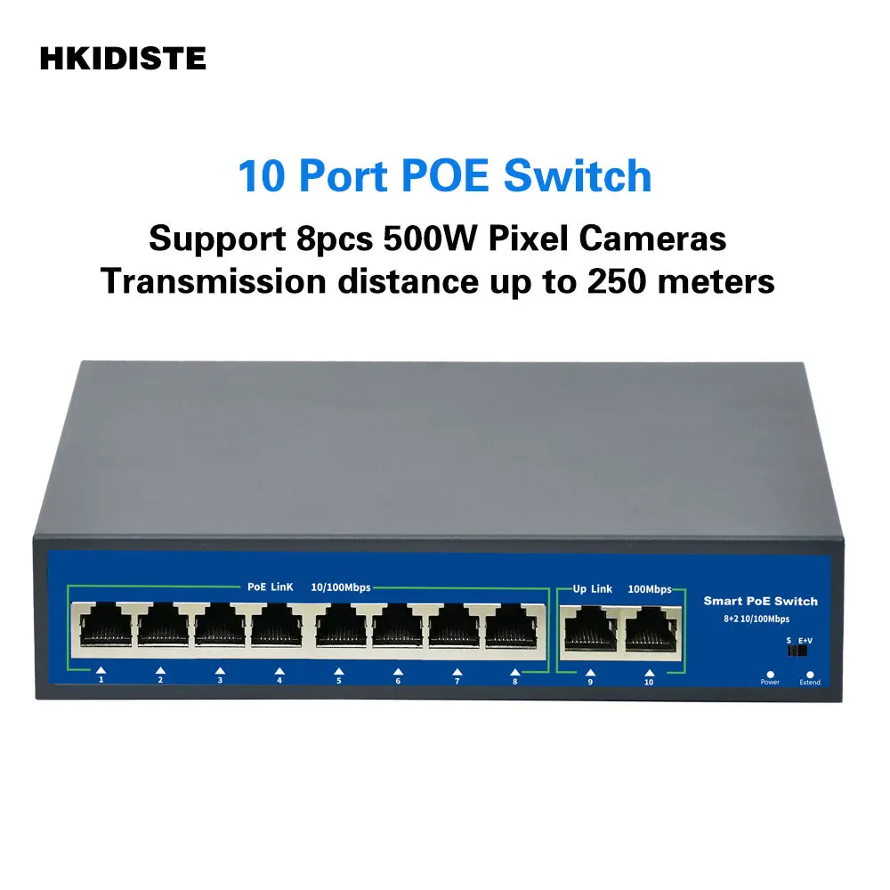 

10Port POE Ethernet Switch 52V VLAN 10/100Mbps IEEE 802.3 Af/at Standard Network Switch for CCTV IP Camera Wireless AP 250M