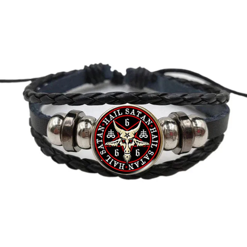 

Black Classic Five-Pointed Star Bracelet Retro Goat Head Woven Leather Bracelet Men'S Wristband Satan Demon Mysterious Jewelry