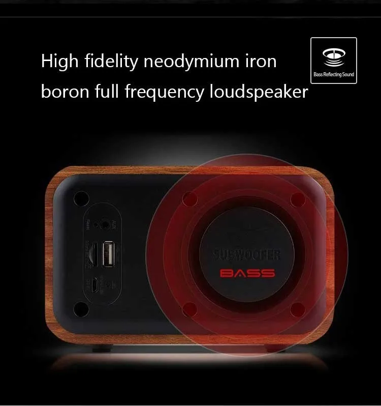 Беспроводной деревянный портативный Bluetooth динамик сабвуфер с FM радио и