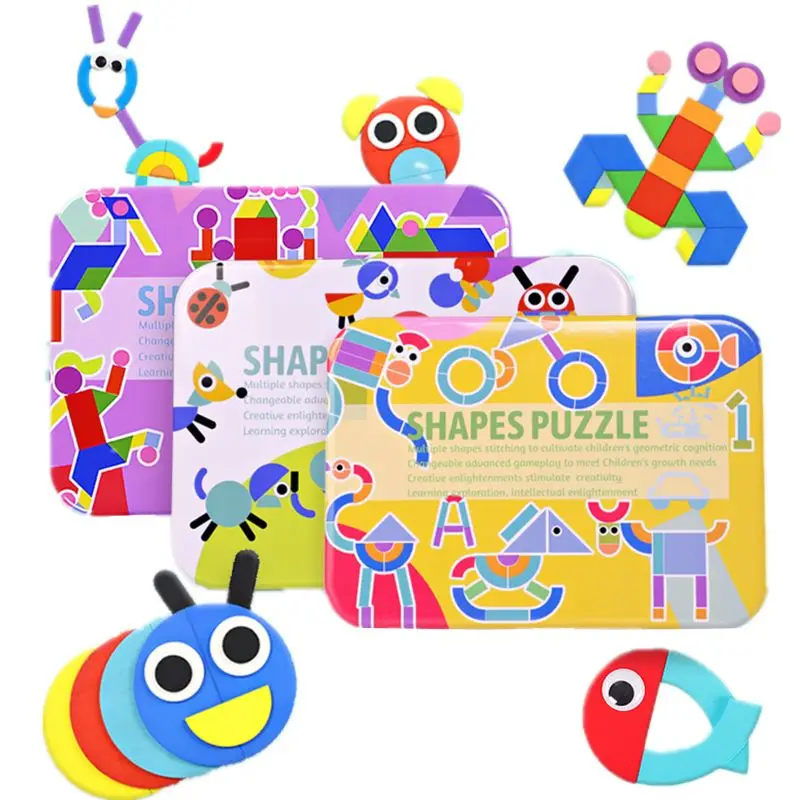 

Wooden Pattern Blocks - Tangram Shape Set Color Sorting Stacking Game Y51E