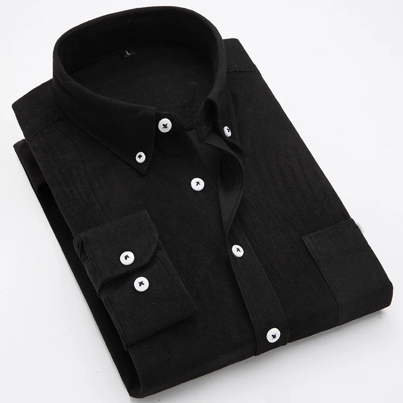 Новая мода Чистый хлопок вельвет осенние мужские с длинным рукавом повседневные приталенные большие повседневные рубашки размера плюс M-5XL - Цвет: black