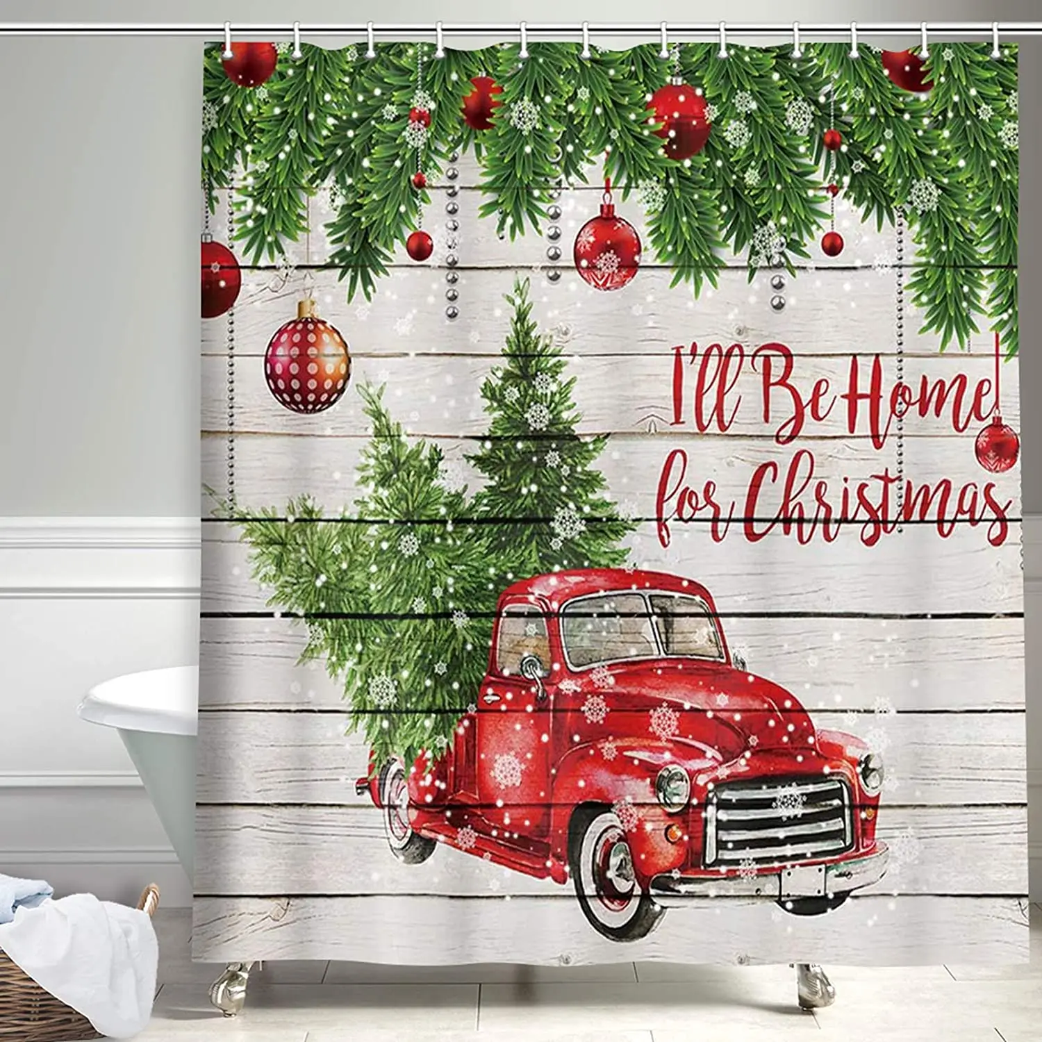 Christmas Farmhouse Red Truck Shower Curtain Pine Fir Tree Bathroom Flannel Mat 