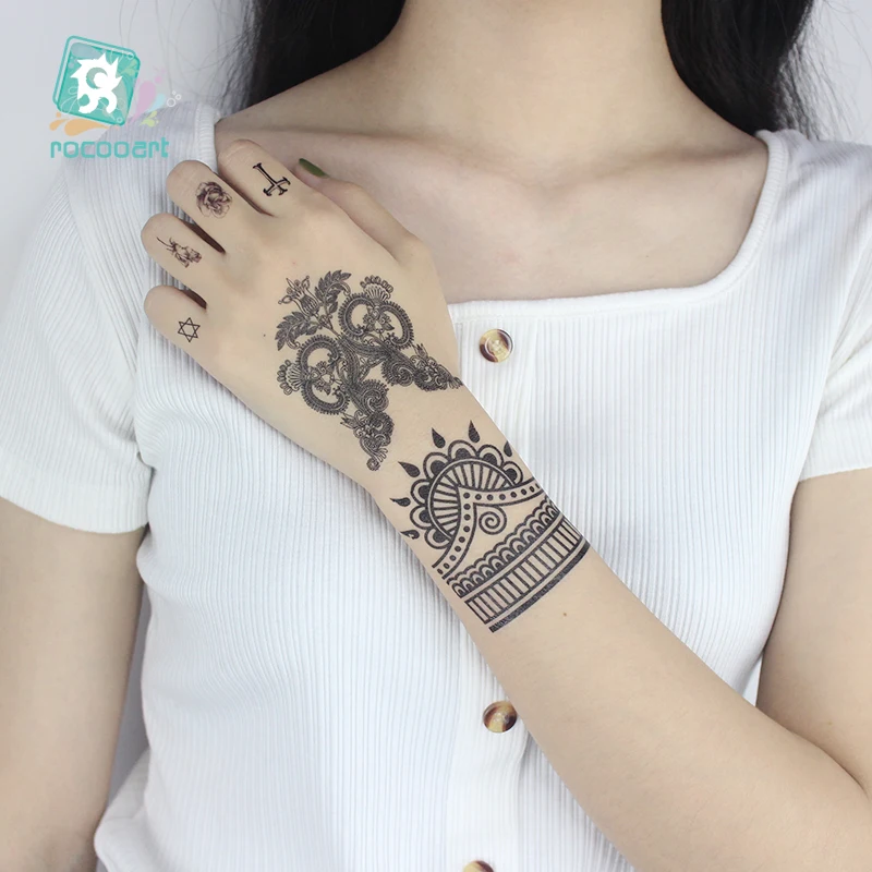 1Sheet Women Sexy Arm Fake Black Tattoo Henna Mandala Flower Temporary Tattoo Girls Beauty Flora Waterproof Tatoos Indian Mehndi