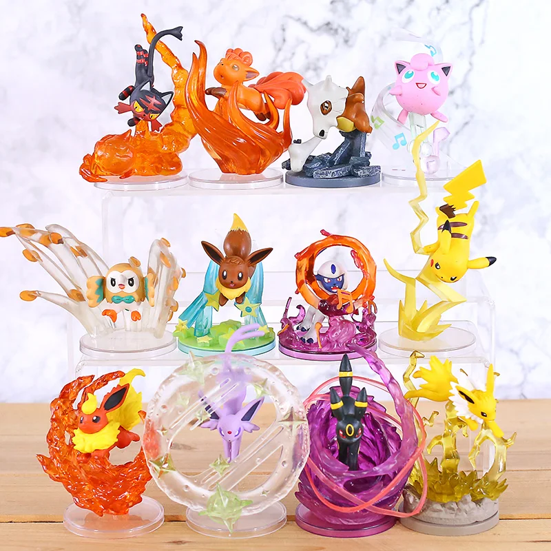 

Monsters Fighting Flareon Jolteon Umbreon Eevee Vulpix Rowlet Jigglypuff Cubone Litten Espeon Absol PVC Figures Toys 6pcs/set