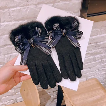 

Korean High Grade Fashion Double Layer Fur Gloves Cashmere and Rabbit Hair Bowknot Mittens Women Warm Gloves Winter Accessories