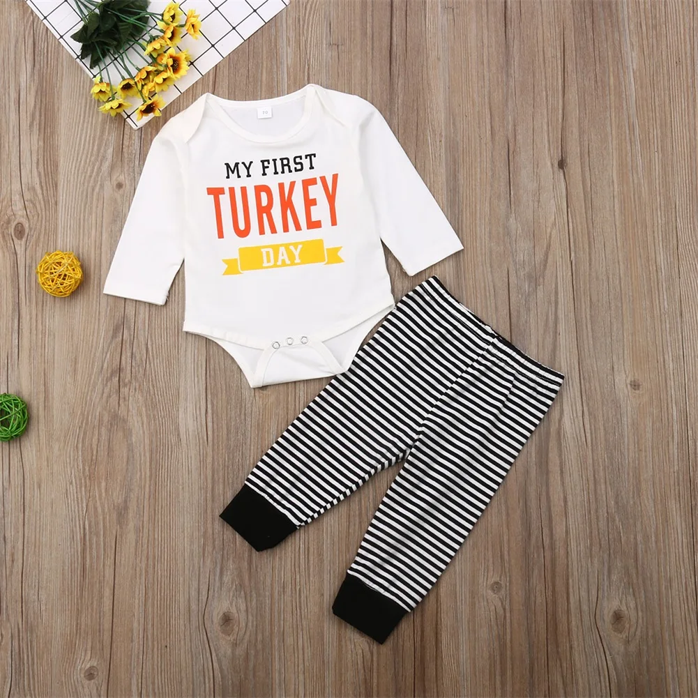 Одежда для новорожденных мальчиков и девочек с надписью «My First Turkey Day» хлопковый боди с длинными рукавами, топы, штаны в полоску, комплект детской одежды из 2 предметов