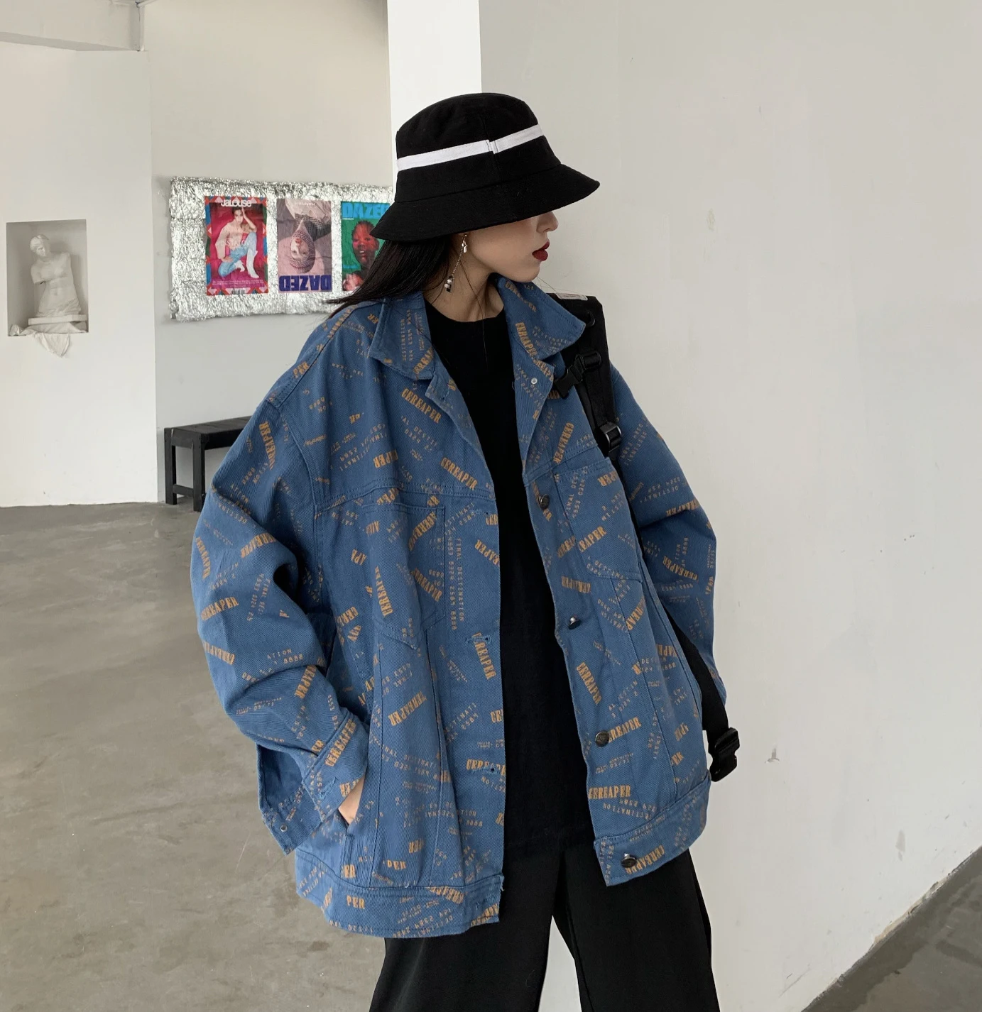 blue DMY1012 XITAO, Женская куртка с буквенным принтом, модная, новинка, с карманом, с одной грудью, полный рукав, с отложным воротником, Свободное пальто, миноритарное пальто, DMY1012 - Цвет: blue DMY1012
