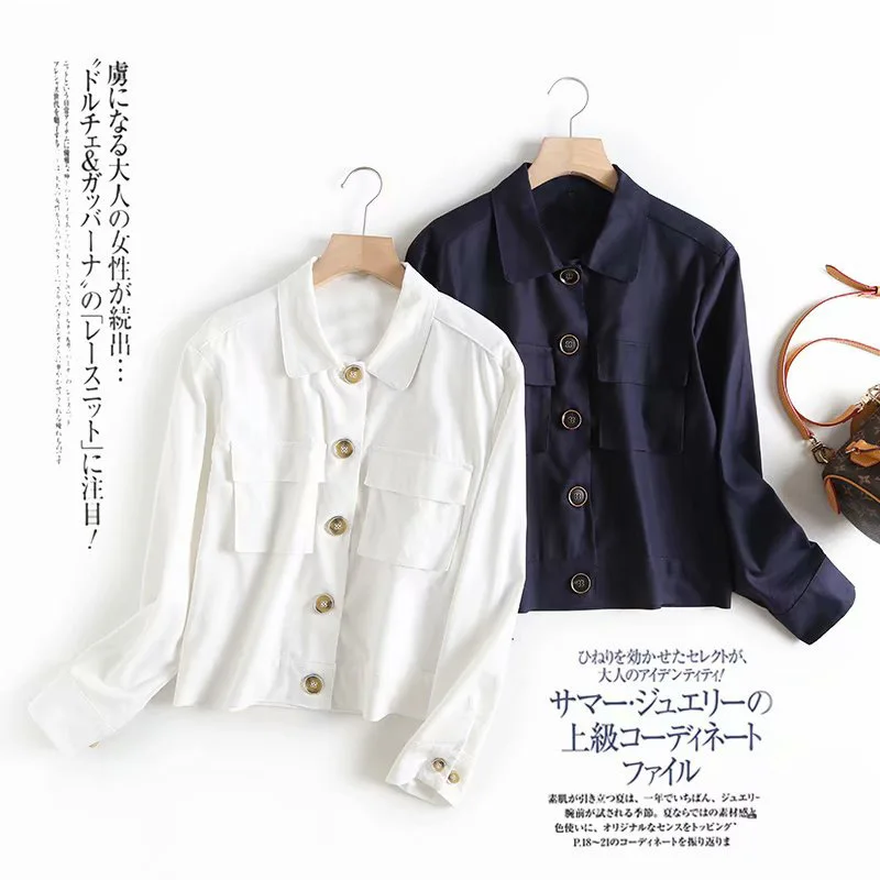 

F6730-Korean-style WOMEN'S Wear 2019 Spring And Autumn New Style Loose-Fit Fold-down Collar Dual Pocket Jacket Women's