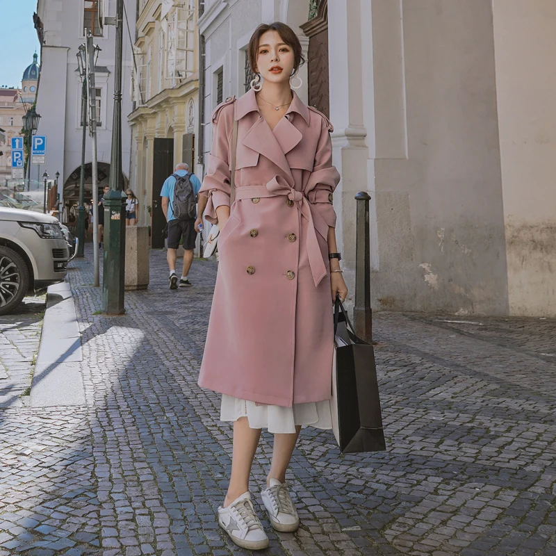 

2020 New Mid-Length Autumn Temperament Pink Windbreaker Ladies Double-Breasted Jacket Popular Korean Loose