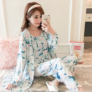 

Long Sleeve Pajama Femme Flower Print Cotton Robes Sets For Women New Autumn Winter Fashion Bathrobe Homewear Home Clothing