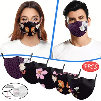 

Mascarilla 5pc Adult Face Mask Fashion Black Flower Printing Windproof Fog Haze Washable Reusable Mask Mouth Caps Washable