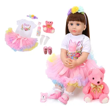 

60cm Soft Silicone Reborn Baby With Bear Dolls Whole Silicone Body Princess Toddler For Baby Birthday Christmas Surprise Gifts