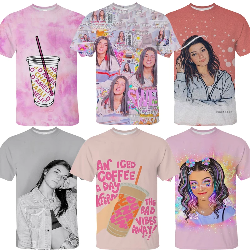 Verano de los niños 3D de Charli Damelio camiseta niños pantalón corto Casual mangas T camisa niños niñas camiseta niño cuello Tee Tops