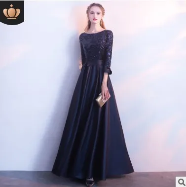 HJZY8590# вечернее платье длинный круглый воротник невидимая молния Свадебная вечеринка Выпускной День Святого Валентина платья - Цвет: Dark Blue Length