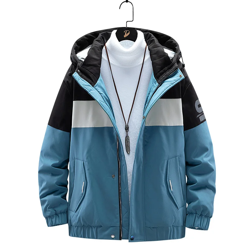

Autumn Winter Thicken Coat Outerwear Cotton Warm Plus Size Hooded Fashion Patchwork Zipper Jacket Men's Casual Windbreaker Man