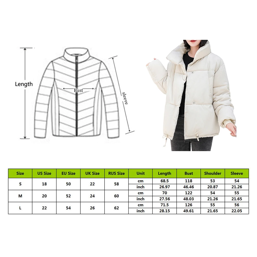 PUIMENTIUA Winter Warm Jacket Women Stand Collar Solid Black White Female Down Coat Loose Womens Plus Size Short Parka New