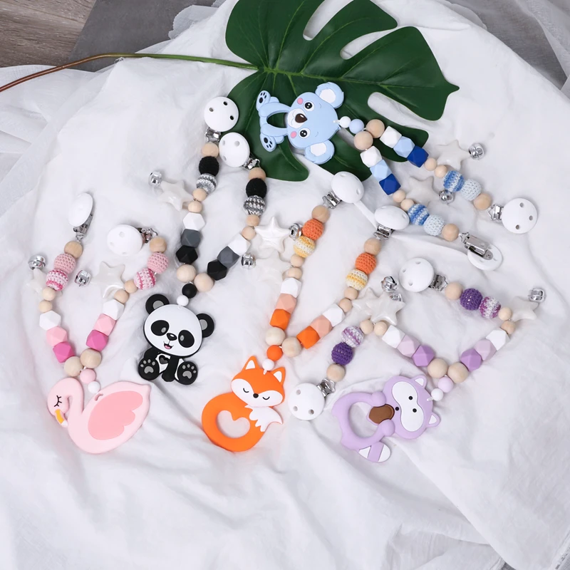 Baby Teethers Silicone Animals Rodent Beech Wooden Rattles Crochet Beads Teething Baby Toys Pendant Pacifier Clip Stroller Chain