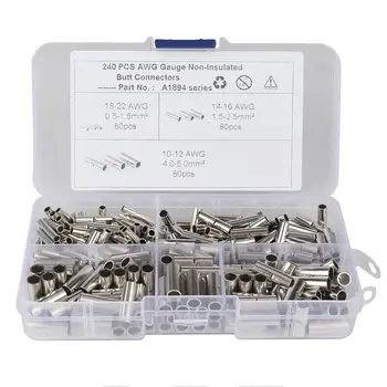 

240pcs 22-18 16-14 12-10 awg gauge non-insulated butt connectors uninsulated wire ferrule cable crimp terminal kit for diy