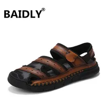 Летние мужские сандалии; модные кожаные пляжные сандалии в британском стиле; мужские повседневные массажные гладиаторские шлепанцы; Мужская водонепроницаемая обувь на плоской подошве