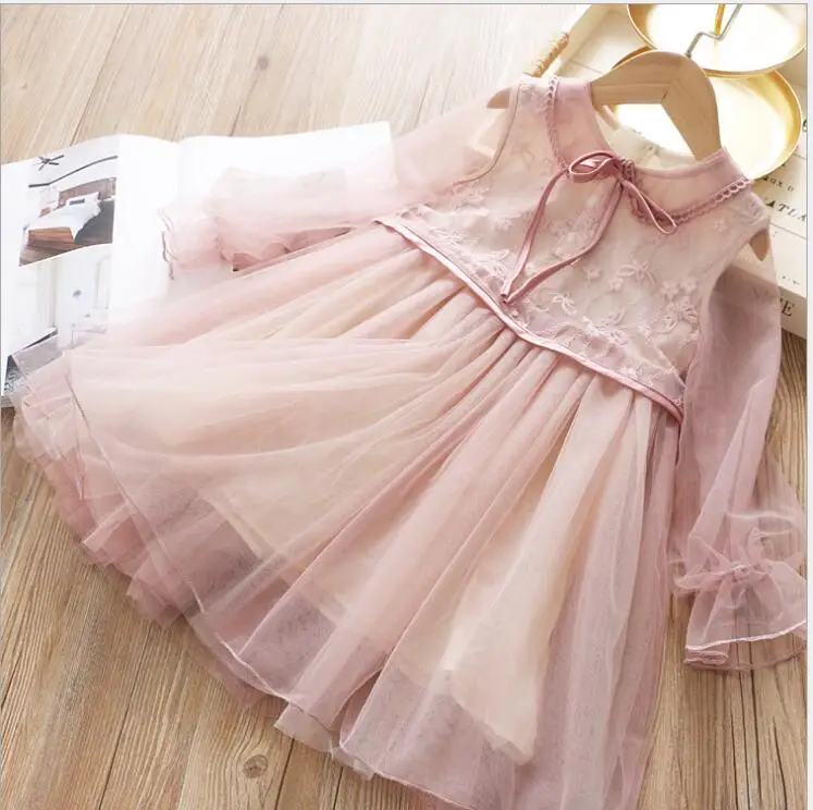 Новинка года; сезон весна; Милые сетчатые платья с вышивкой для маленьких детей; сказочная одежда принцессы для девочек; 5 шт./партия;