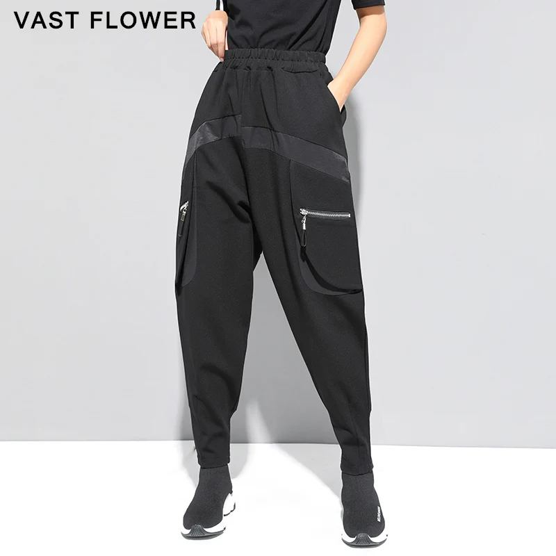 

Black Zipper Pocket High Waist Harem Pants 2020 Autumn Winter Thicken Fashion Spliced Loose Casual Elastic Waist Trousers Women