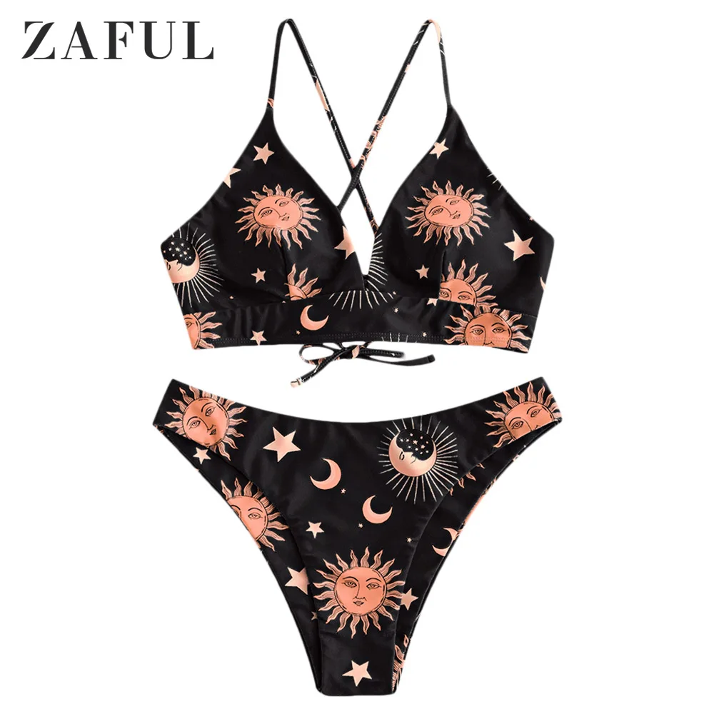 

ZAFUL Star Sun Moon Lace Up Bikini Set Spaghetti Straps Wire Free Swim Suit Women Summer Bathing Suit High Cut Padded Swimwear