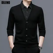 

Top Grade Fake Two New Fashion Brand Collared Knit Pullover Sweater Casual Black Collaree Jumper Autum Winter Men Clothing