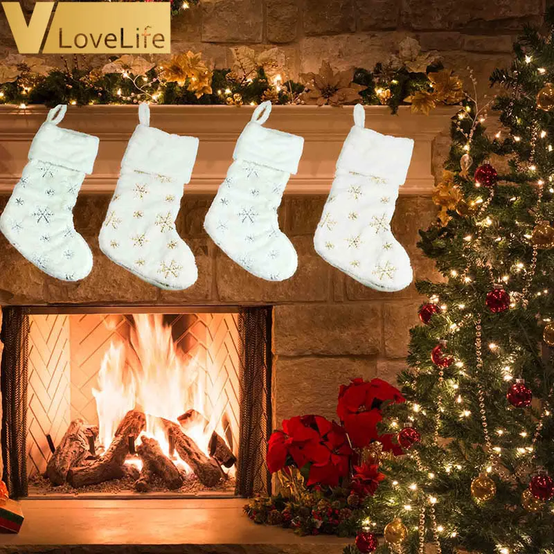 

Chritmas Decorations Tree Gift Merry White Plush Chritmas Snowflakes Embroidered Bag Hanging Loops Xmas Tree Fireplace Decor