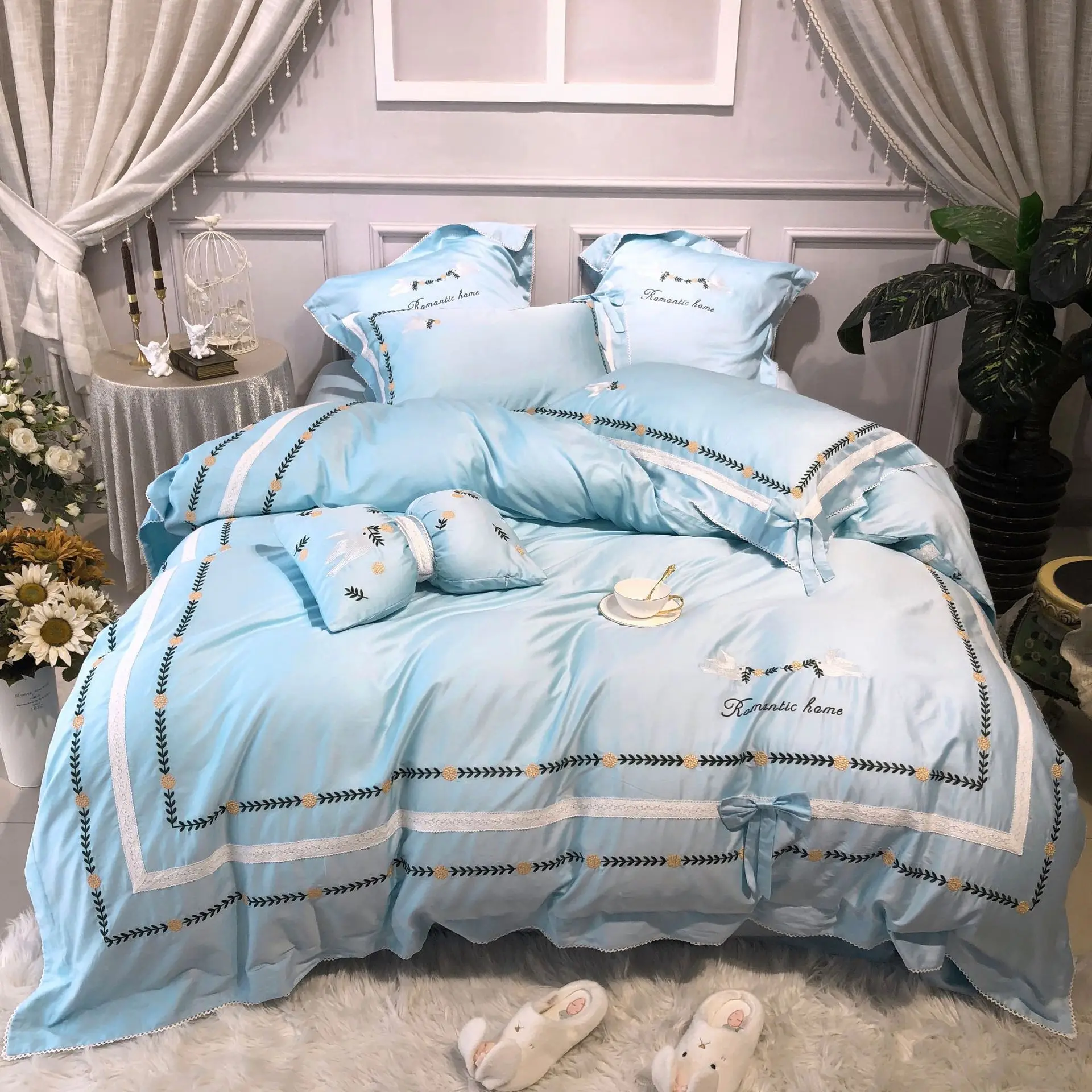 Hipster Embroidered Egyptian Cotton Four-Piece Naive Blue Quilt Cover Bedding set | Дом и сад