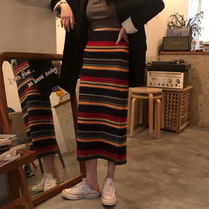 

Long Female Autumn 2019 New Korean Students'high-waist Skirt Tide In Mesh Red Colour Stripe Knitted Half-length Skirt