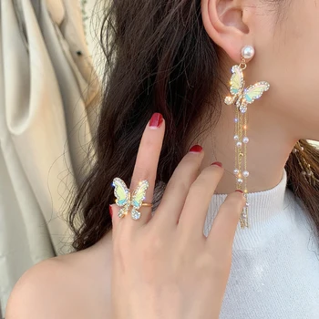 

Korean new fashion pearl tassel long section color dripping fairy fairy butterfly open ring necklace earring female suit jewelry