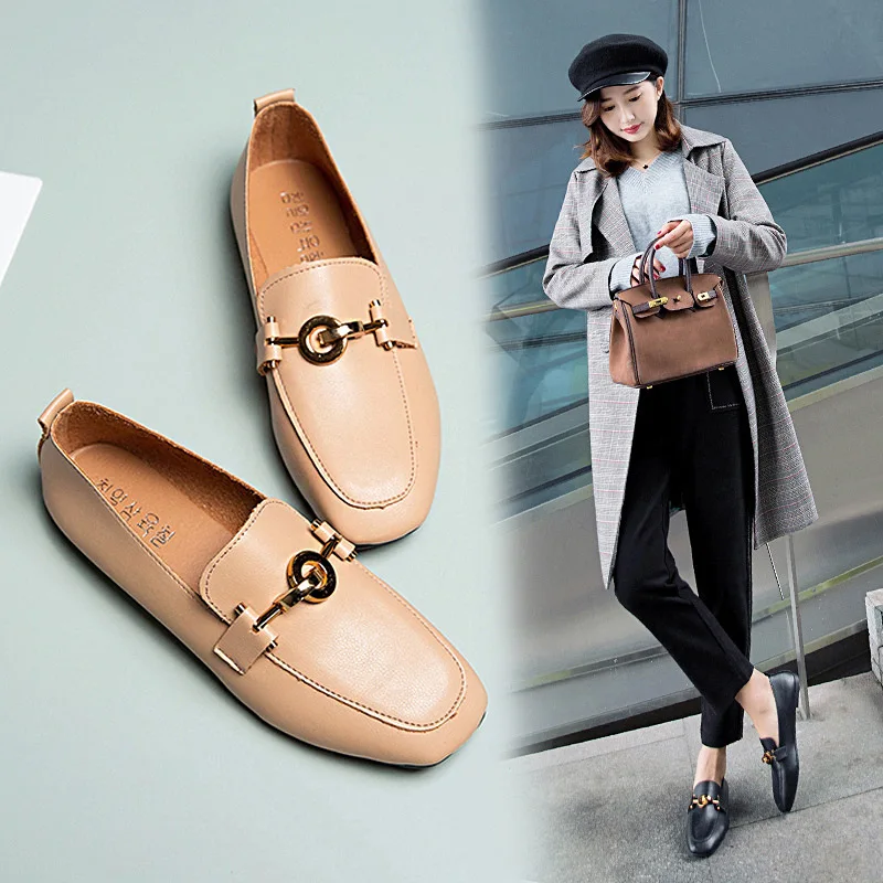 

Flat Keel Thin Shoes Women's 2019 Spring New Style Korean-style Grandma Shoes Soft Leather Low-Cut Students Moccosins Square Hea