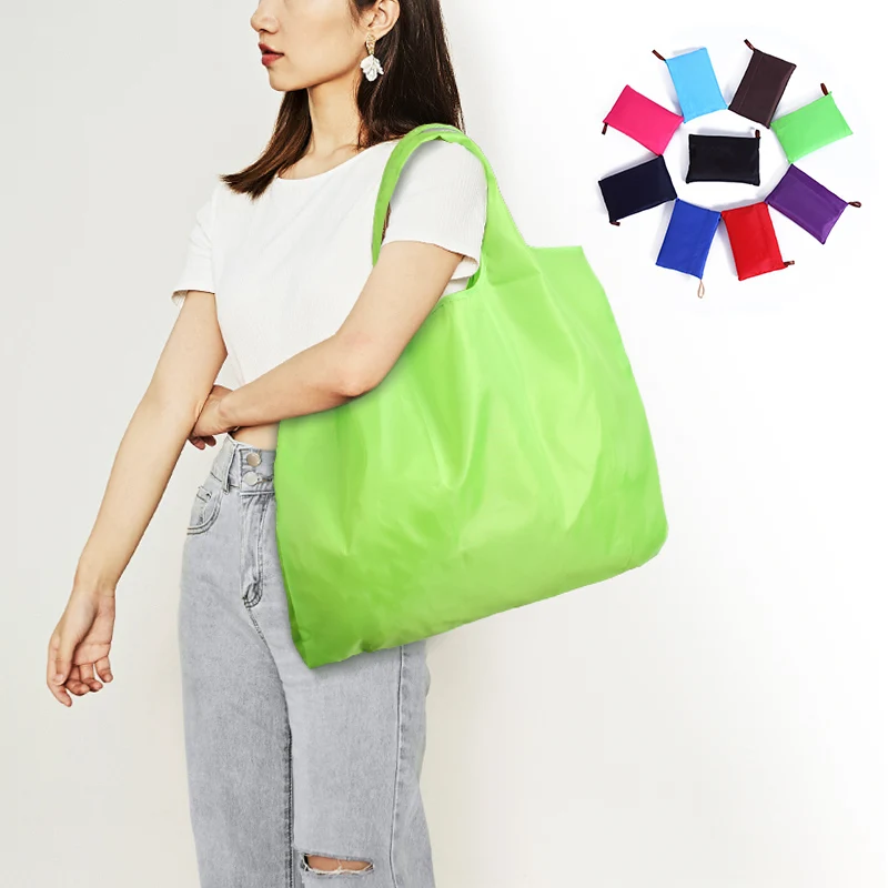 Women Nylon Eco Shopping Bag Solid Foldable Tote Pouch Reusable Shoulder Handbag 