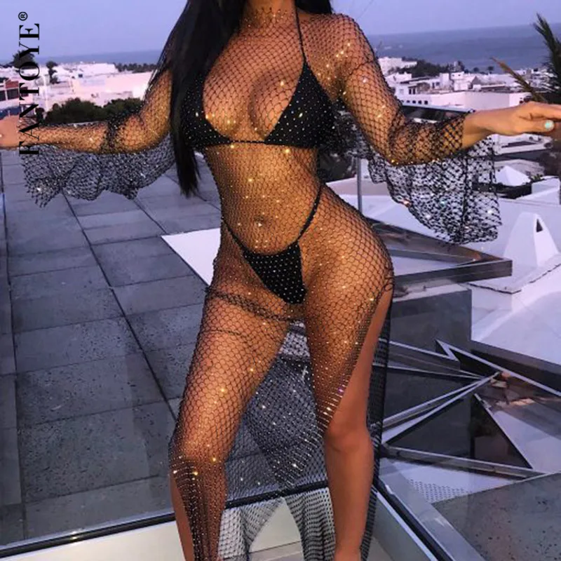 FANTOYE New Diamond Shiny Party Dress Women Split Long Sleeve Maxi Bodycon Dress Sexy See-Through Fishnet Club Dress Vestidos