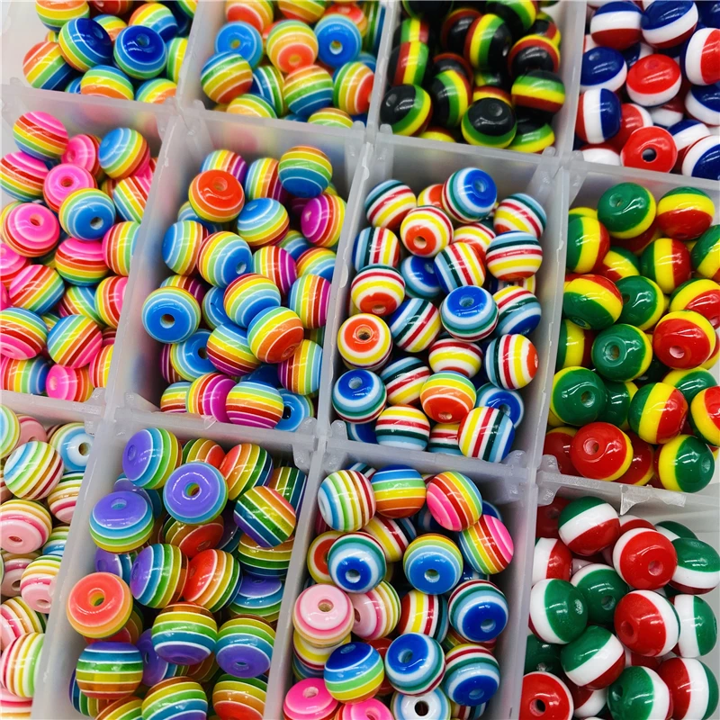 Resin Beads 8mm Round Rainbow Stripe Loose Spacer For Jewelry Making DIY 50pcs