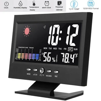 

LED Color Weather Forecast Clock Temperature and Humidity Perpetual Calendar Backlit Alarm Clock No Battery